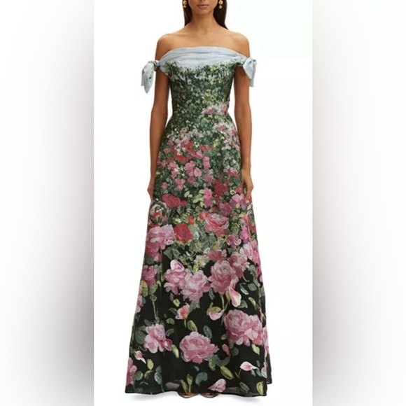 Oscar de la Renta Dresses & Skirts - Oscar de la Renta Off-Shoulder Floral Maxi Dress in Black, Pink, Green